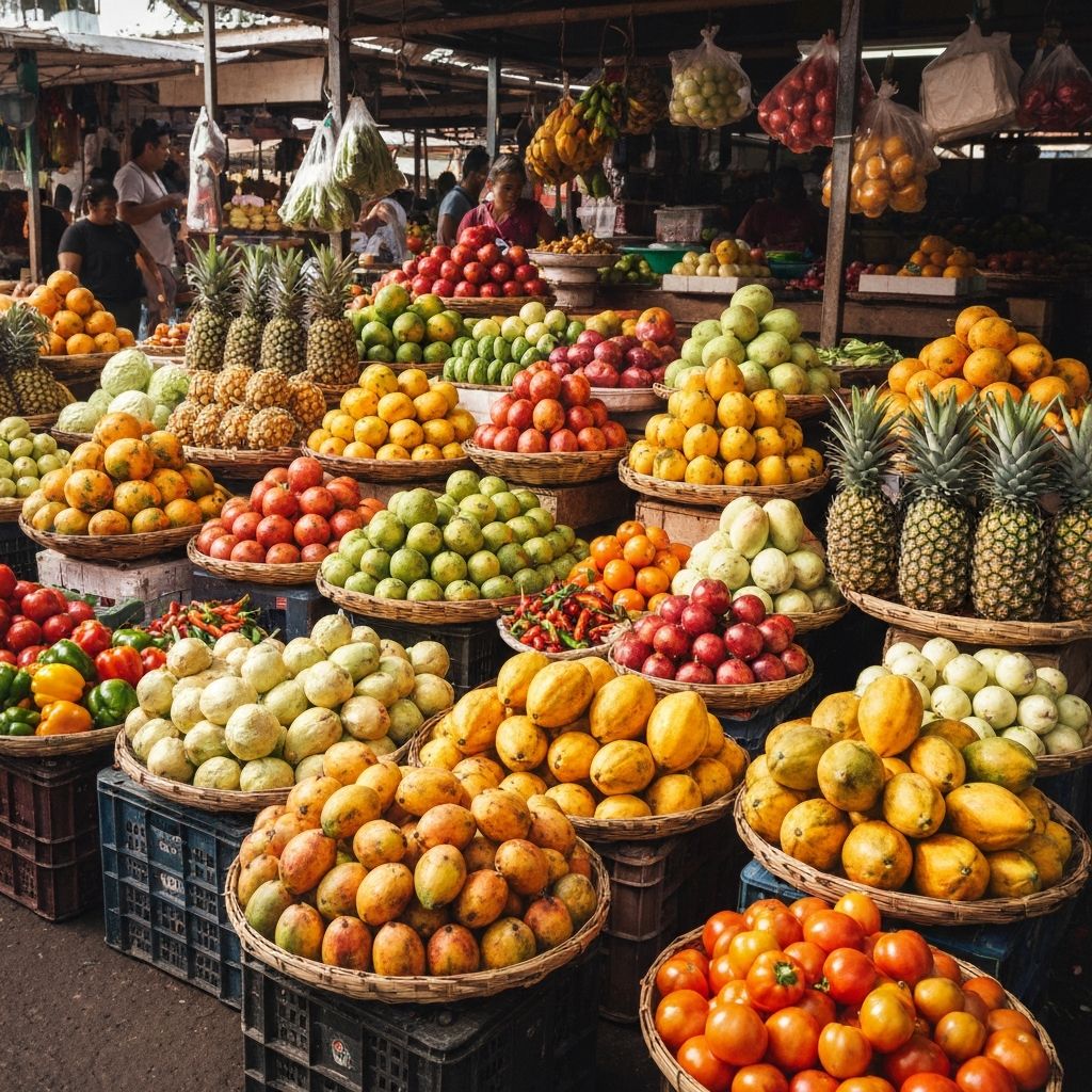 Tropical fresh vegetables and fruits at market